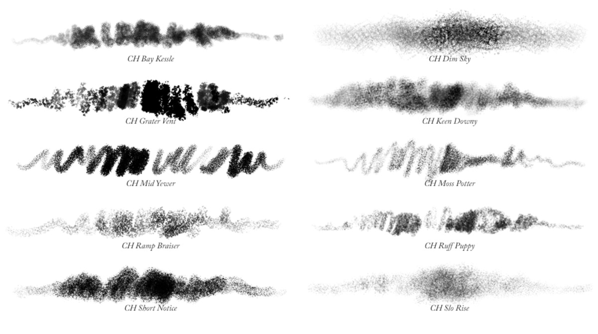 Brush Stroke samples of all 10 Photoshop charcoal brushes