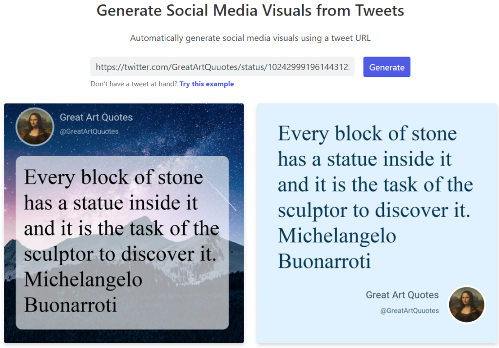 two variations of a tweet containing a quote from Michelangelo