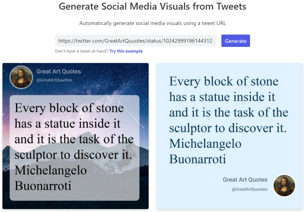 two variations of a tweet containing a quote from Michelangelo 