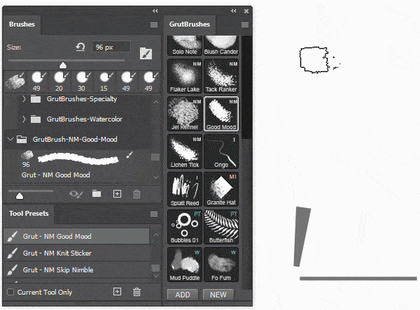 the 'Good Mood' brush shown in 3 different Photoshop panels with accompanying animated brush stroke demos