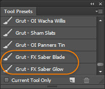 GrutBrushes lightsaber photoshop brushes in the Tool Presets panel