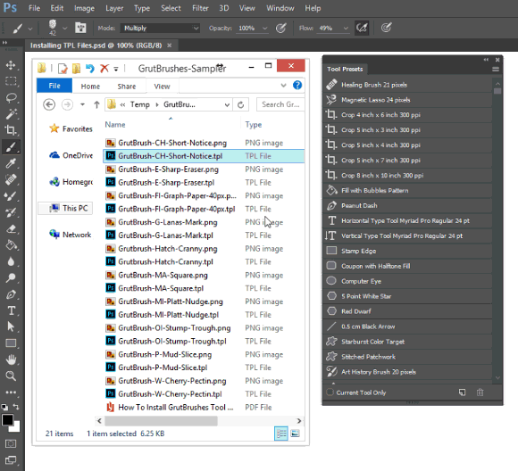how to install TPL Photoshop brushes by dragging and dropping