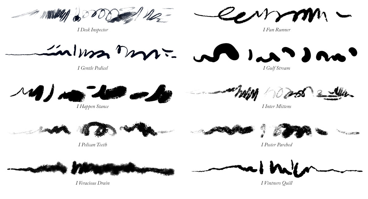 Brush Stroke samples drawn using the 10 Photoshop ink brushes in the Inks 01 set