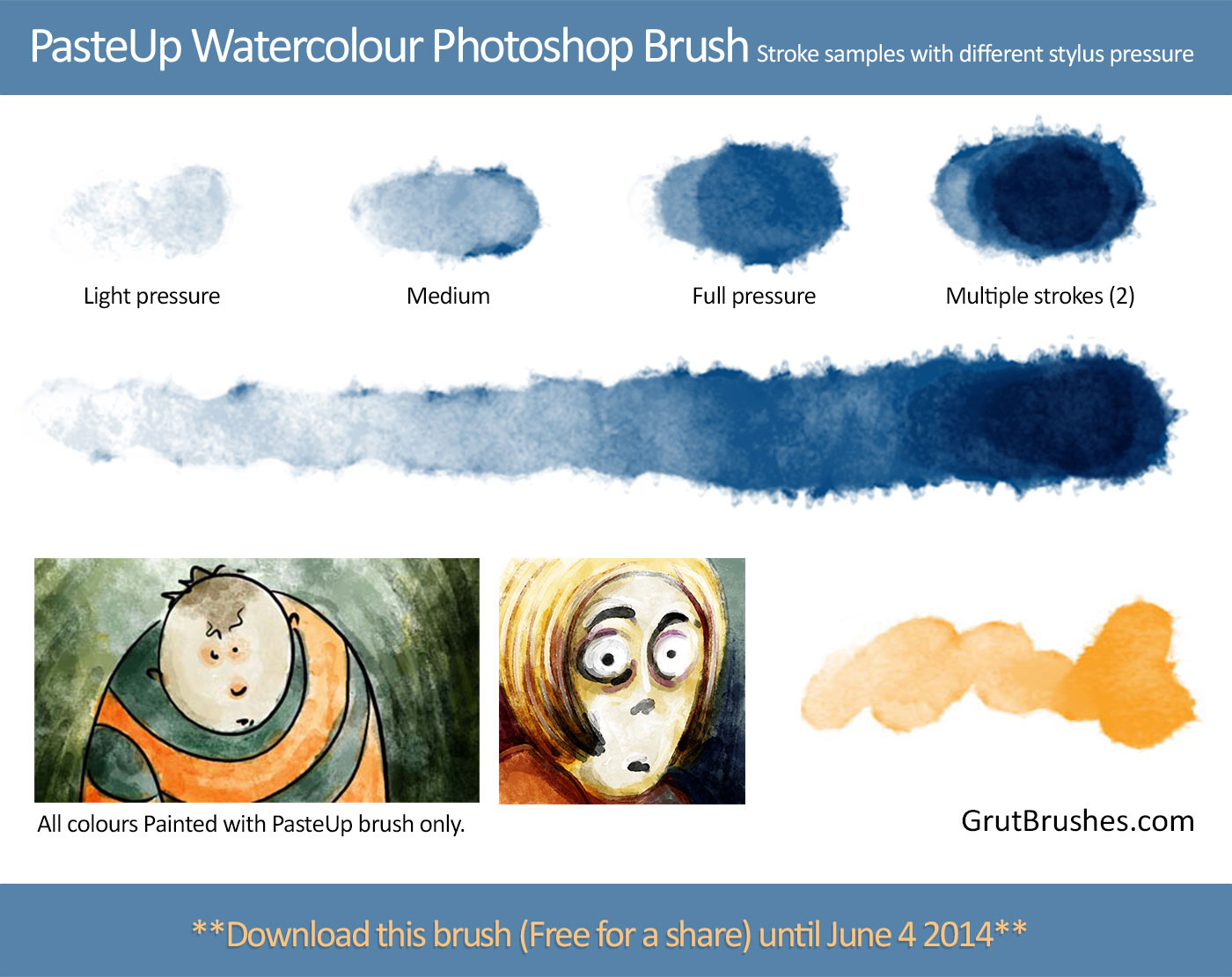 Brush stroke samples of pressure responsive watercolour brushes from Grutbooks.com