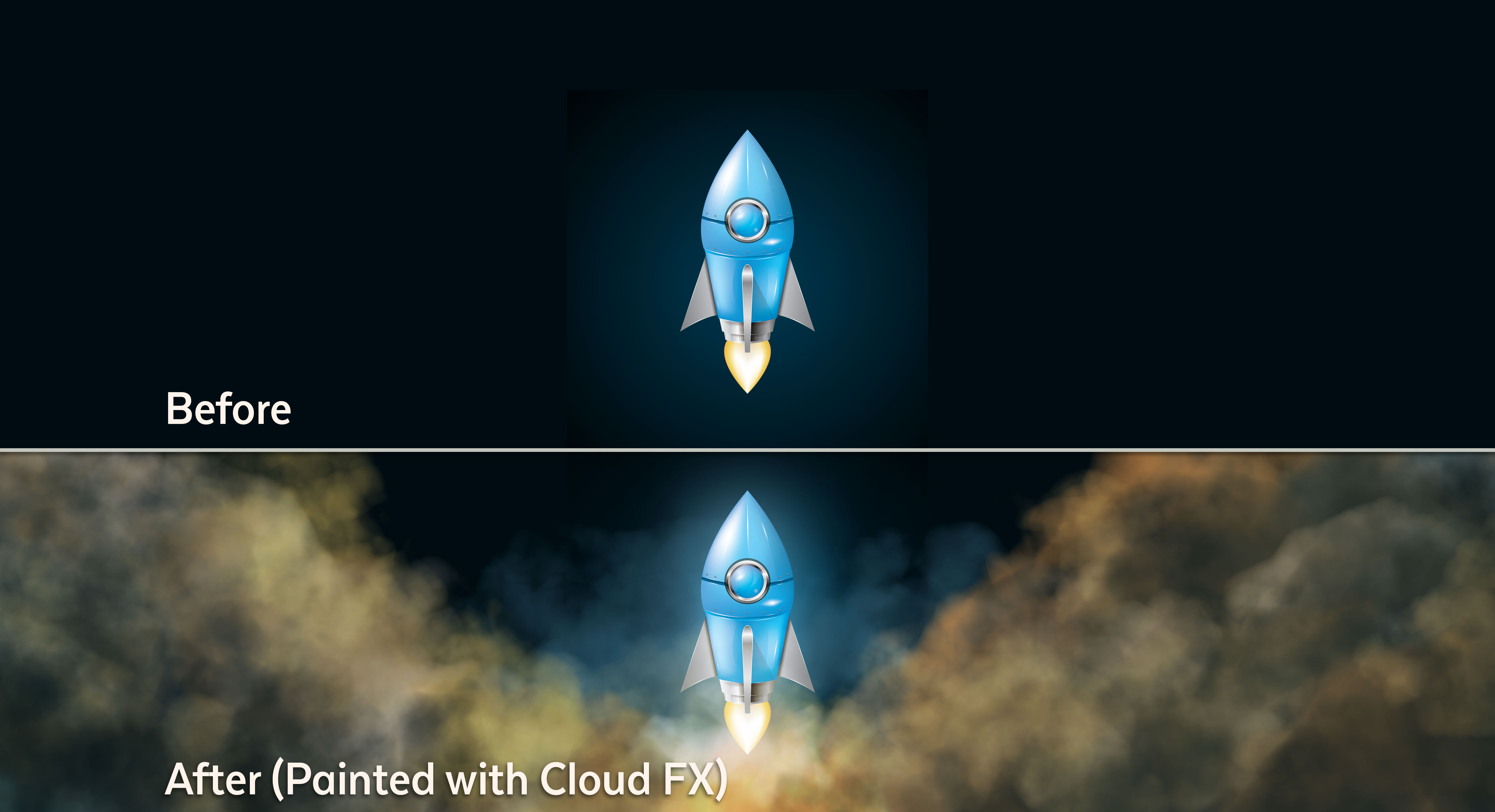 The cloud brushes were used here for painting smoke underneath the rocket