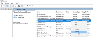 Windows services panel with 'restart Wacom service' selected to restart tablet driver without rebooting