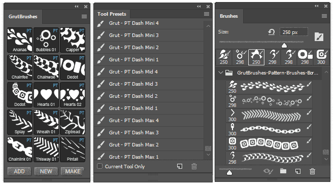 use Photoshop pattern brushes in the brushes panel tool preset panel or GrutBrushes plugin