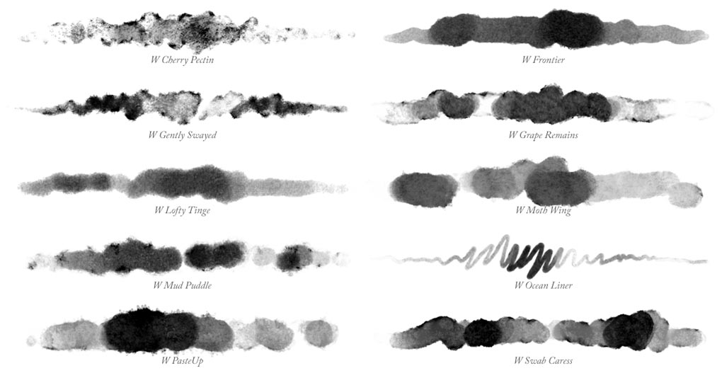Brush Strokes of all 10 Photoshop watercolour brushes in Waters 01 collection