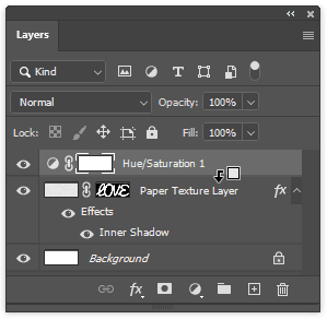 adding color to a paper texture in Photoshop Photoshop layer settings panel showing Hue Saturation adjustnemt layer