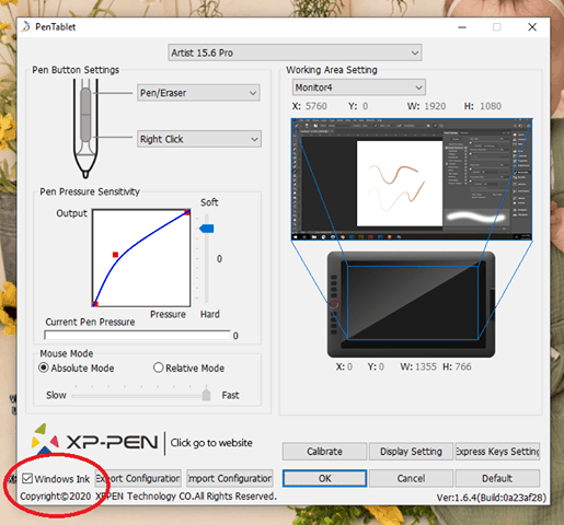 XP-PEN PenTablet preferences with Windows Ink checkbox selected