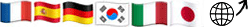 multilingual video flag icons - french spanish german korean italian and japanese flags next to a globe and an arrow pointing up to the video above